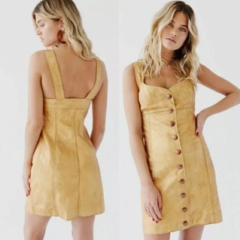 NWT Free People Goldie Leather Mini Dress Gold